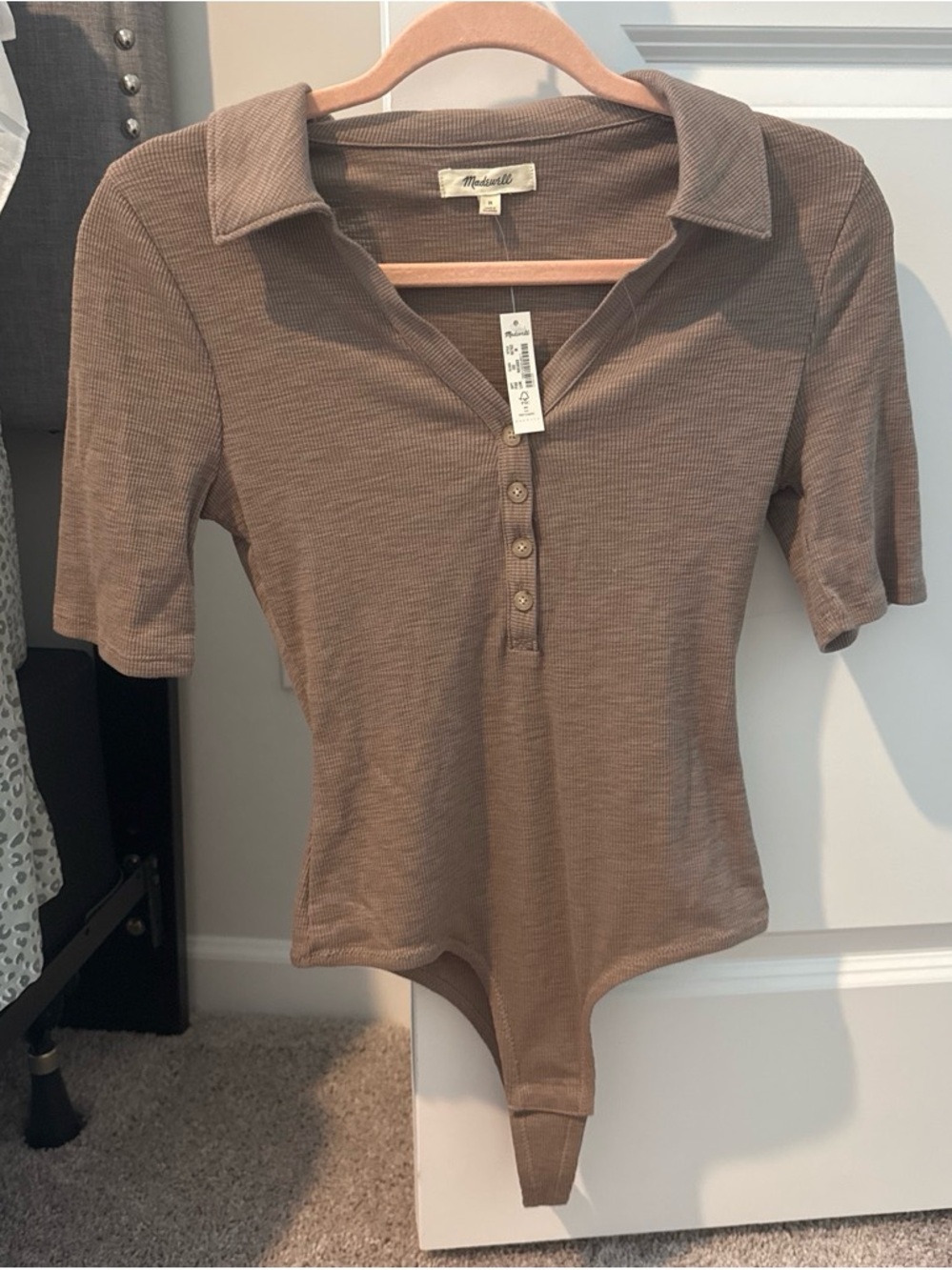 Madewell Taupe Ribbed Polo Bodysuit with Short Sleeves